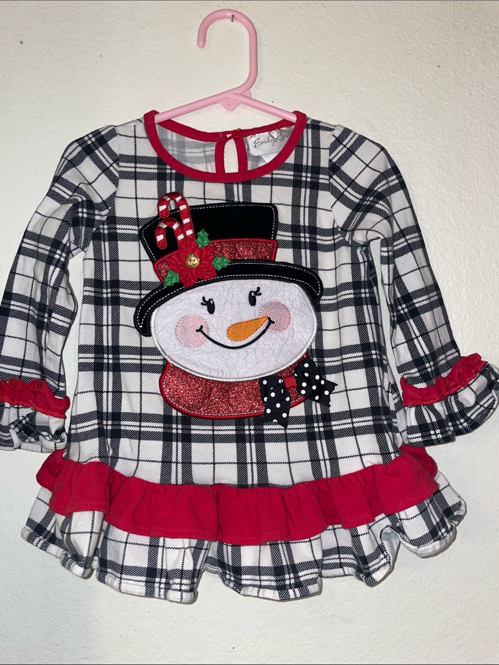 Emily Rose Black and White Plaid Snowman Dress with Red Trim